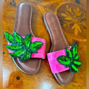 Veronica Beard Hot pink suede leather slides size 37 with sequin leaf